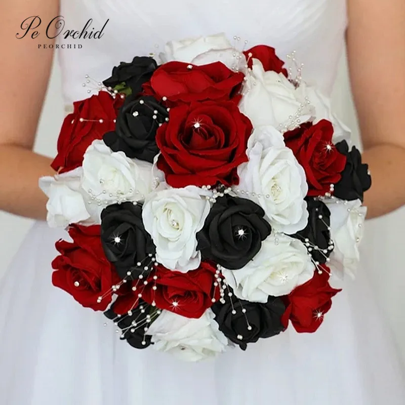 

PEORCHID Artificial Red Black Gothic Bouquet Pearls Roses Artificial Holding Flower White Bouquet For Bride Ramo Damas De Honor