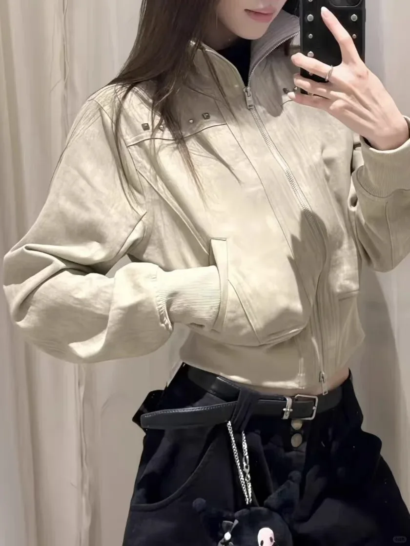 Light Khaki Rivet Cropped Jacket Women Casual Stand Collar Zipper Long Sleeve Slim Short Coat Vintage Classic Cool Outerwear Y2K