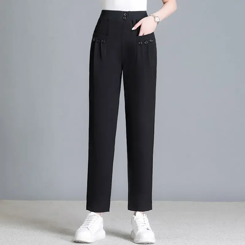 Spring Autumn Women's Clothing Solid Color Elastic High Waisted Pockets Button Casual Trousers Straight Pencil Office Lady Pants