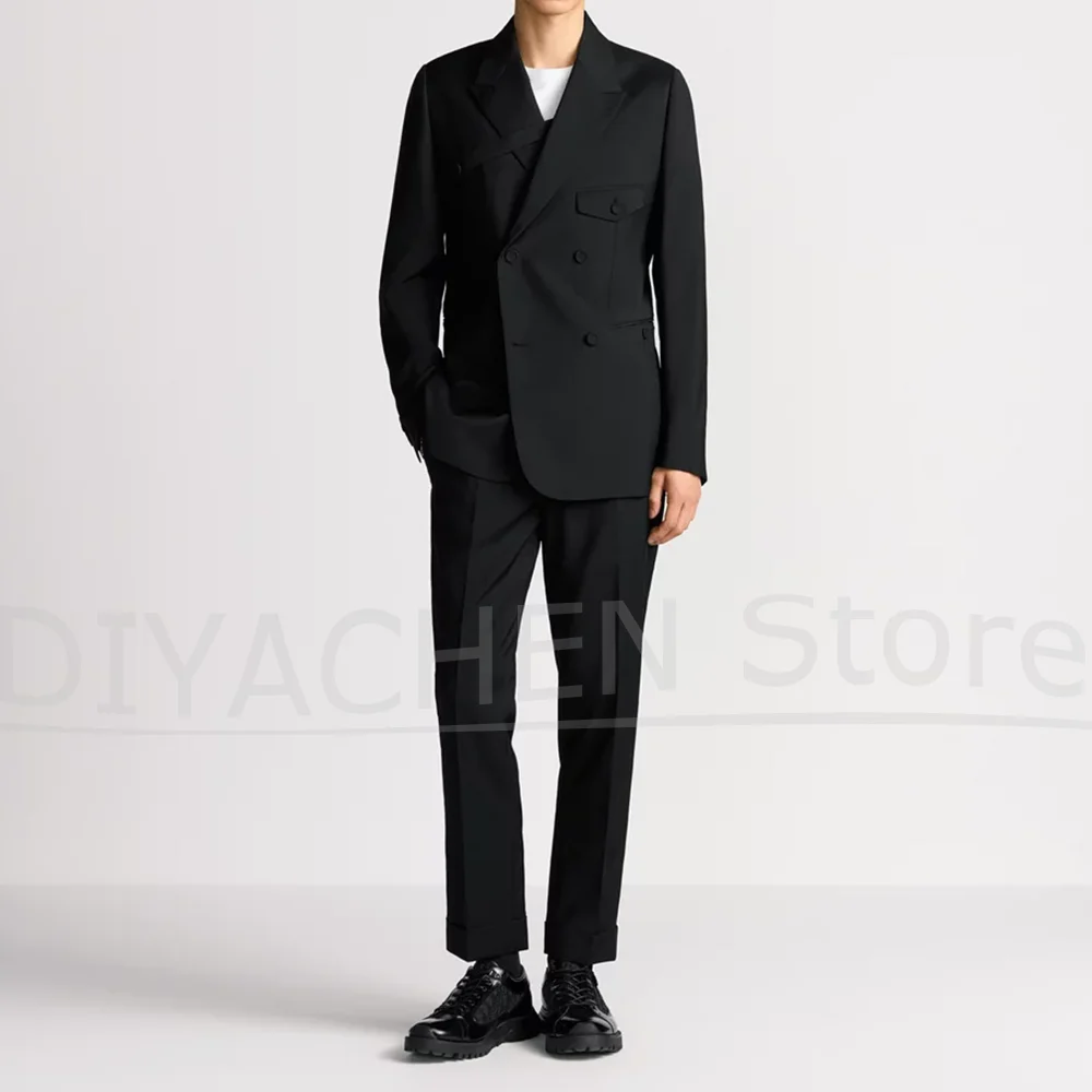 Men Suits 2 Piece Chic Double Breasted Peak Lapel Clothing Party Wedding Latest Design Smart Casual Male Suit (Jacket+Pants)