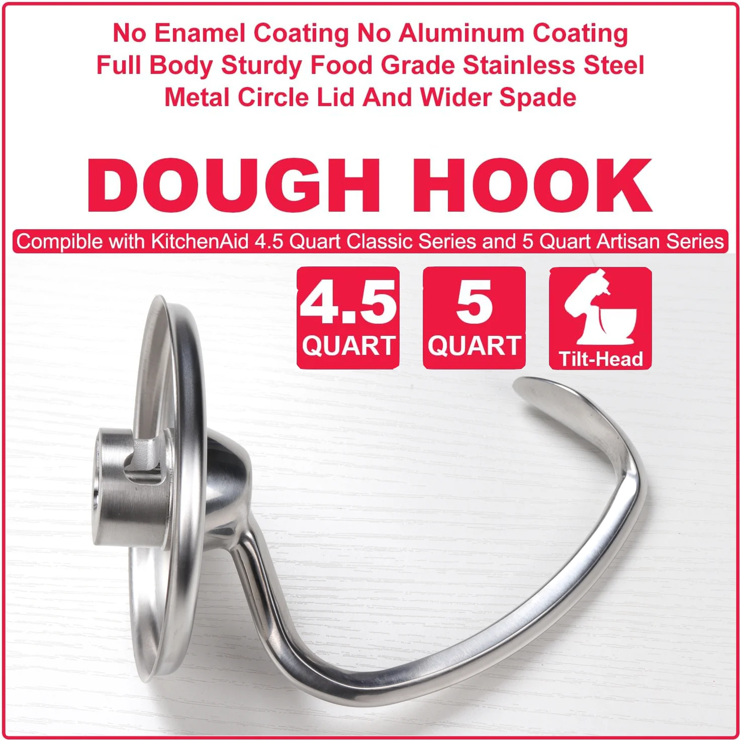 Stainless Steel Dough Hook for Kitchenaid Stand Mixer 4.5QT and 5QT Mixer Dough Attachments for Kitchenaid