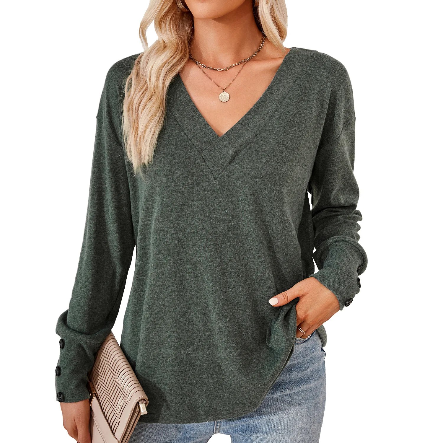 New Women's V-neck Solid Color Button-down Long-sleeved Loose T-shirt Top