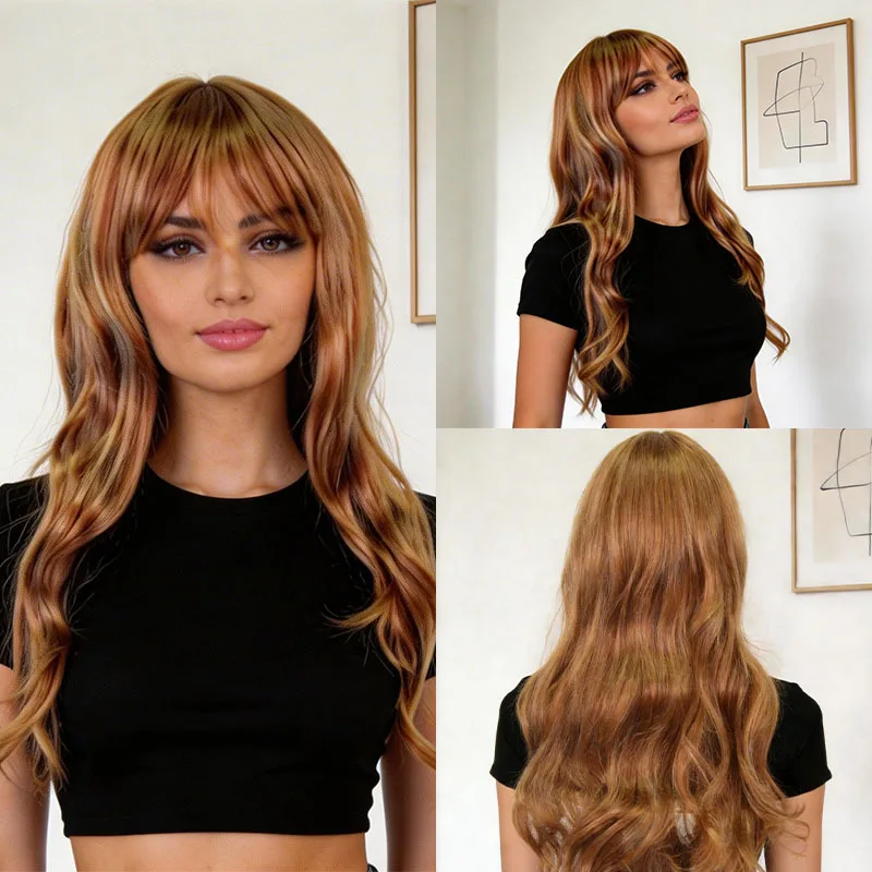 European and American gradient brown medium-length wavy curly hair with bangs, top-dyed full wig