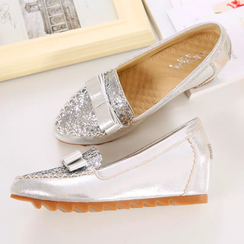 Golden/Silver Glitter Kitten Shoes Wedges Comfy shoes Ladies,4cm Hidden Height Increased women shoes Spring Fall Female pumps