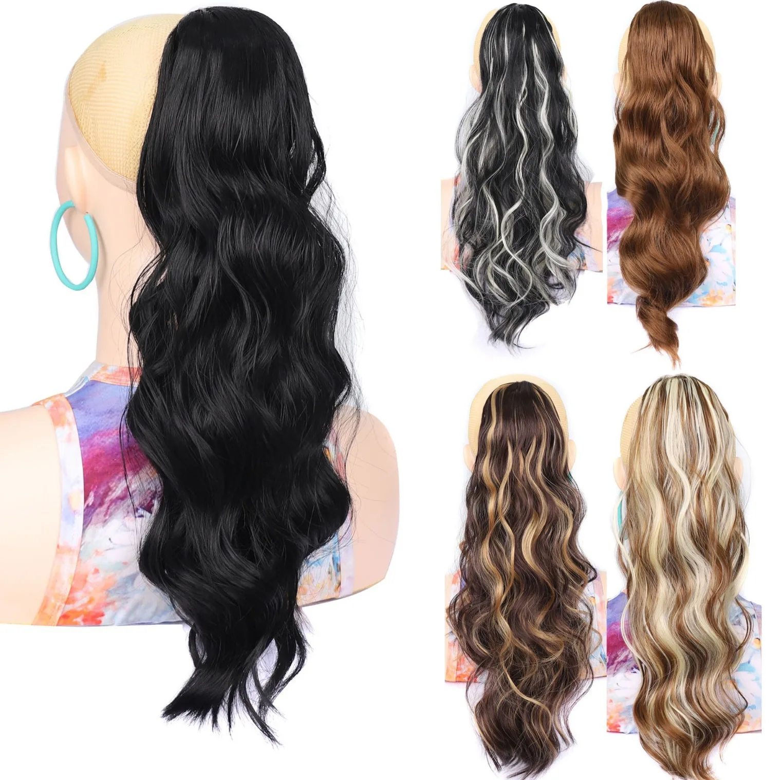 Synthetic Long Curly Drawstring Ponytail, Voluminous Wave Clip in Ponytail Hair Extension, Fluffy Egg Roll Style Wig for Women,