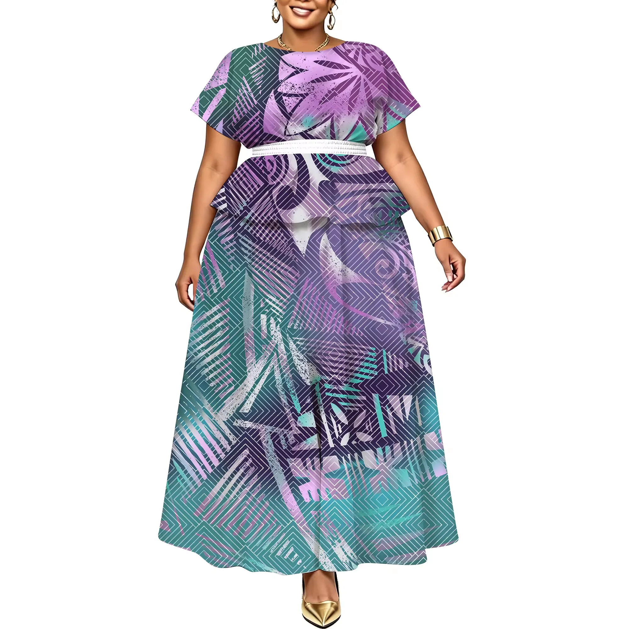 Custom Women 2 Piece Outfit Lime Green Yellow Polynesian Tribal Print Round Neck Short Sleeve puletasi Top High Waist Maxi Skirt