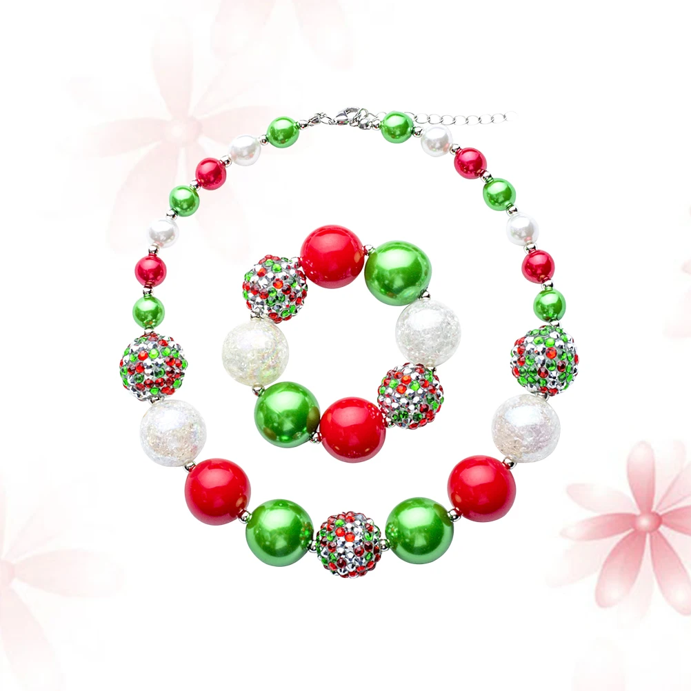

2pcs Bead Necklace Bracelet Set Chunky Handmade Jewelry For Girls Kids Christmas Party Decoration (Green)