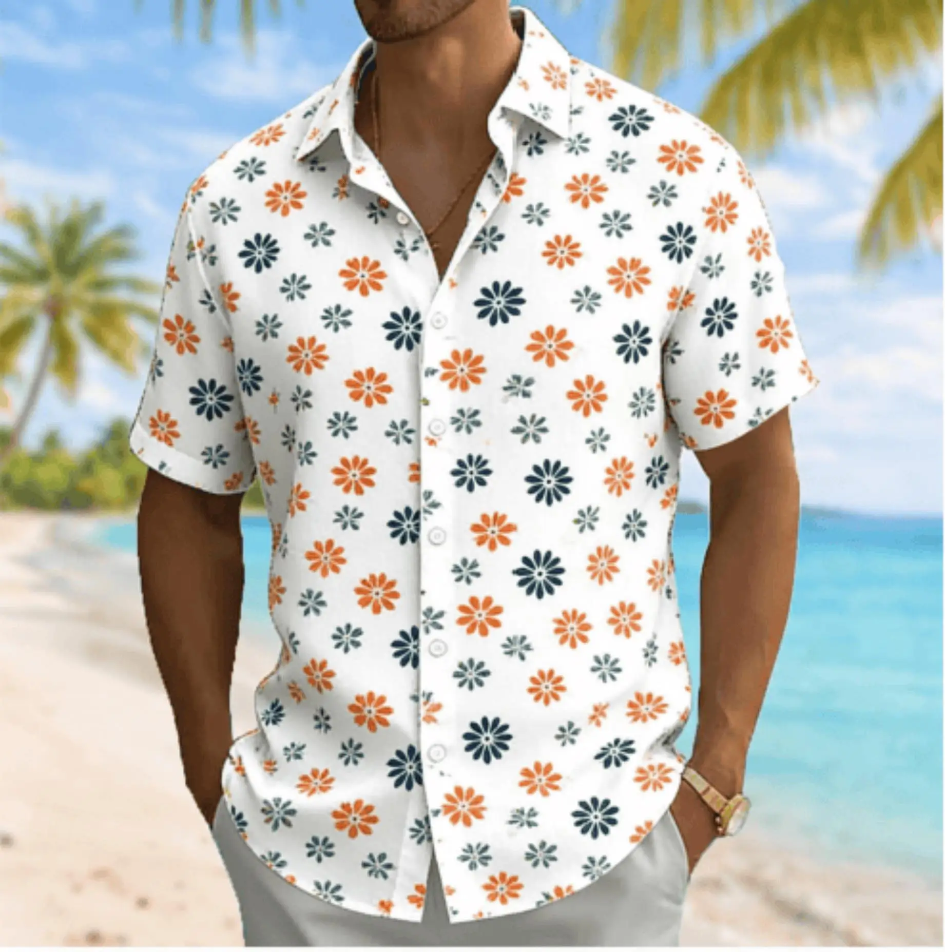 Men's Orange Blue Daisy Print Short Sleeved Shirt, Breathable and Comfortable Shirt Top for Spring and Summer Leisure Vacation