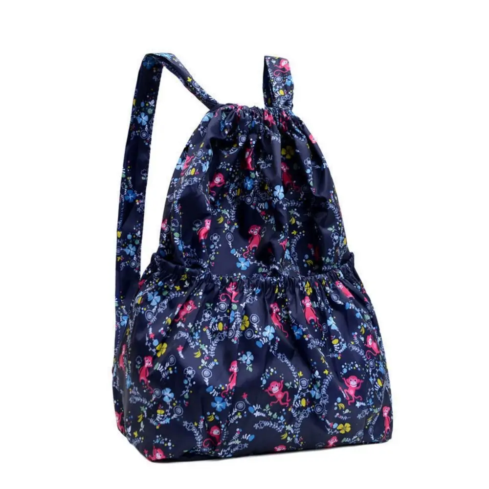 Retro Drawstring Backpack Large Capacity Flower Printed Women's Backpack with Bundle Pocket Portable Climbing Backpack Unisex