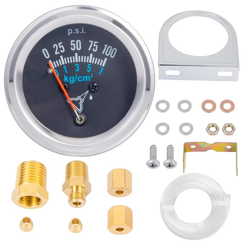 Universal Fit Oil Pressure Gauge Kit 0-100 PSI 1-7Kg with Plastic Tube And Threaded Parts for 12V DC Systems