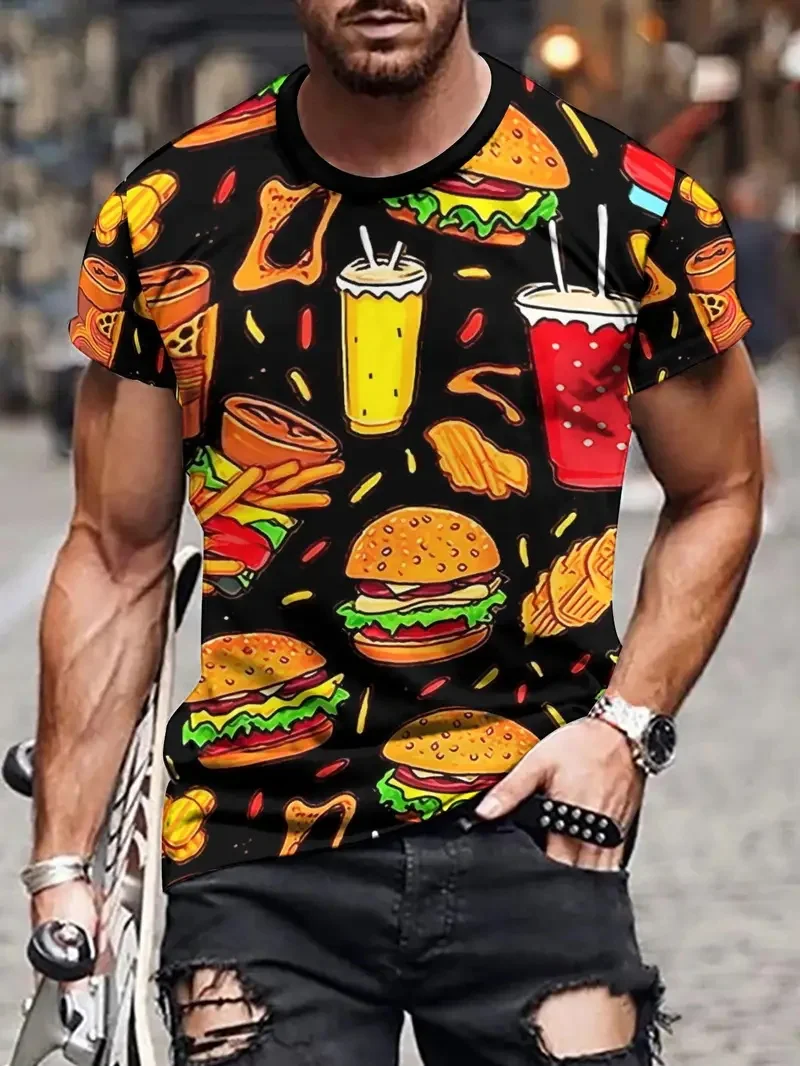 Camiseta con estampado de comida en 3D para hombre, camisetas con diseño artístico de hamburguesas, patatas fritas y Pizza, camisa de manga corta con cuello redondo de verano