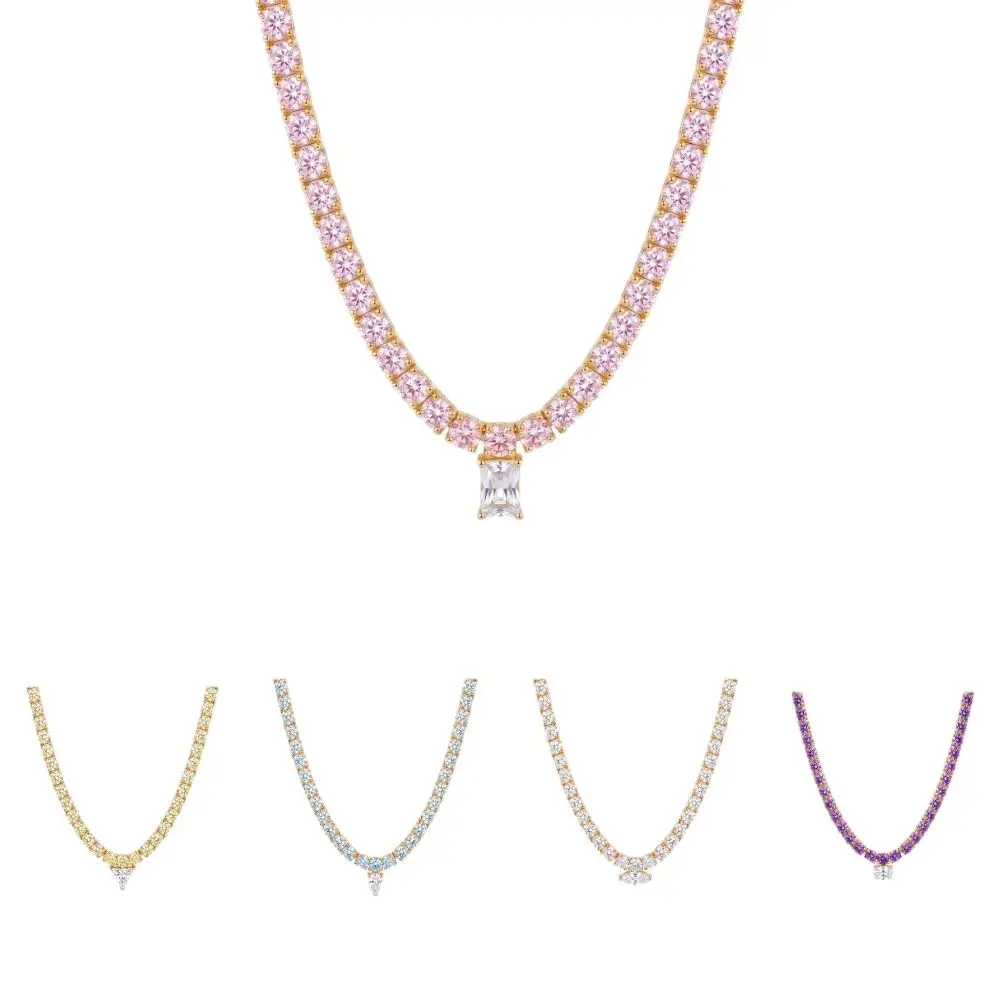 Lightweight Tennis Necklace Closely Set Rhinestone Classic Tennis Silhouette Macaron Color Necklace Secure Clasp