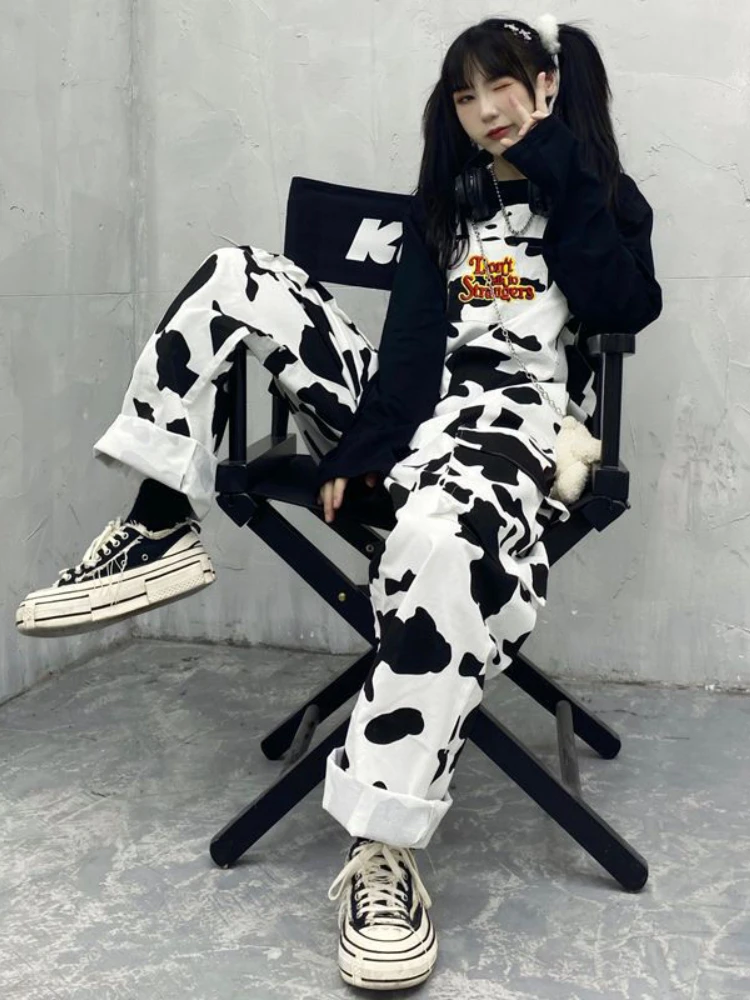 HOUZHOU-monos con estampado de vaca Hippie, pantalones Harajuku con estampado de vaca, monos de estilo coreano, pantalones informales holgados de pierna ancha, primavera 2022