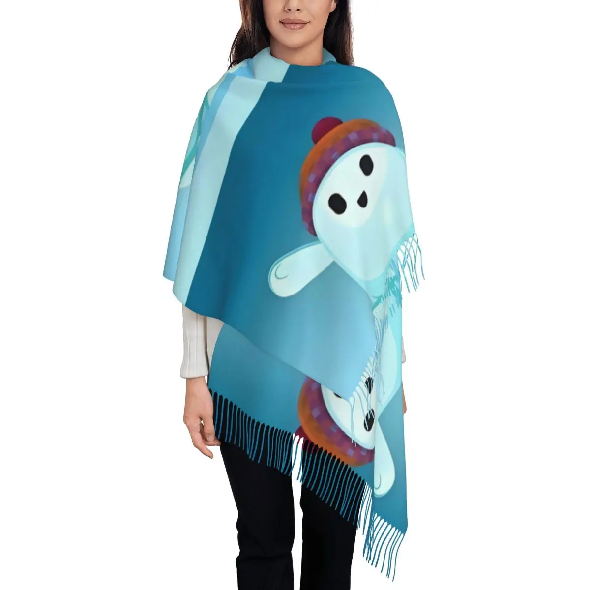 

Custom Luxury Cartoon Ron's Gone Wrong Anime Tassel Scarf Women Winter Warm Shawl Wrap Female Cience Comedy Film Scarves