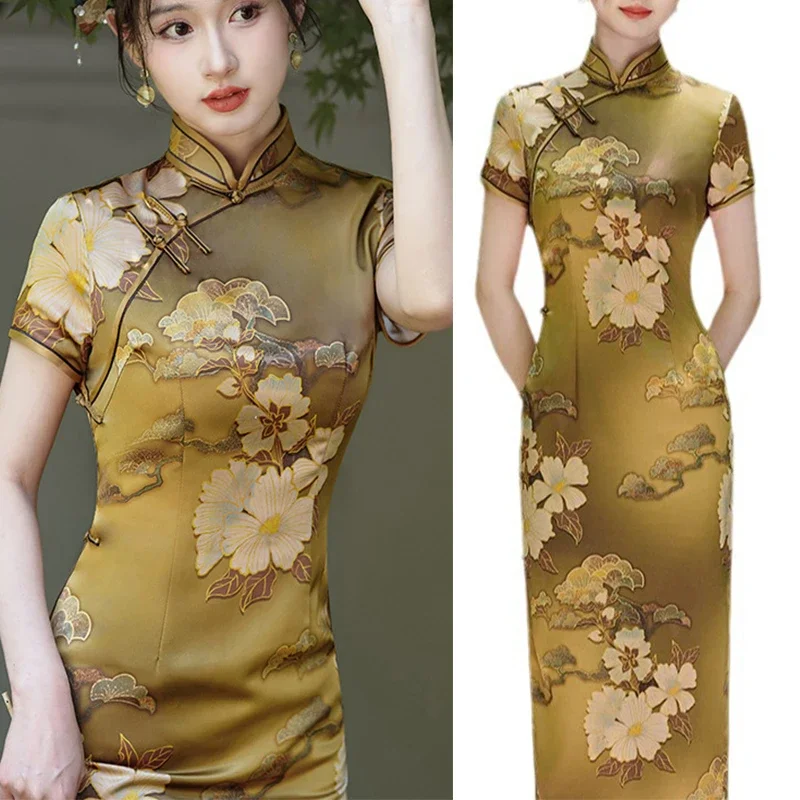 

Улучшенное новое платье в китайском стиле, женское атласное платье Cheongsam с принтом, элегантное платье, летнее новое длинное Ципао, традиционный китайский костюм