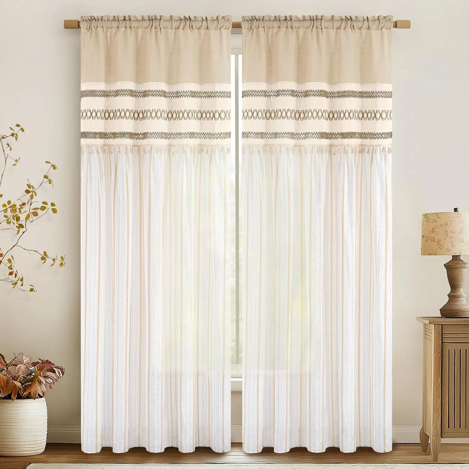 Beige Linen Look Curtains Natural Textured Print for Living Room Window Rustic Decor