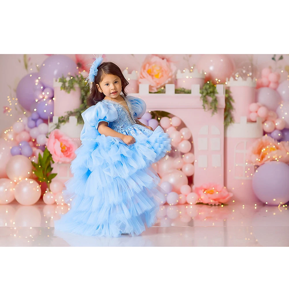 Pink Princess Castle Backdrop for Photography Girl Birthday Cake Smash Background Flowers Butterfly Photo Banner Studio Props