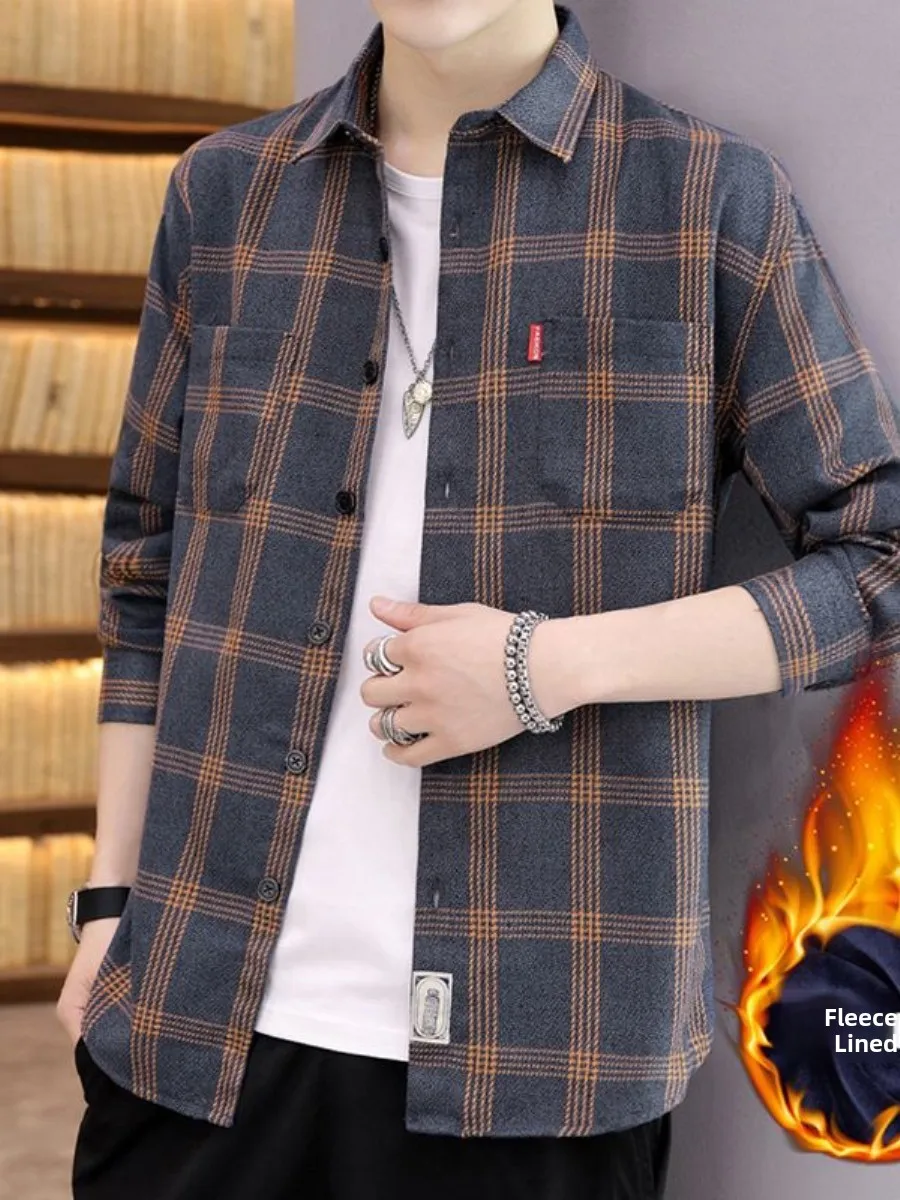 

Мужская теплая рубашка в клетку в стиле ретро, с начесом, удлиненная, осенне-зимняя, в корейском стиле, приталенная, базовый слой, модный топ