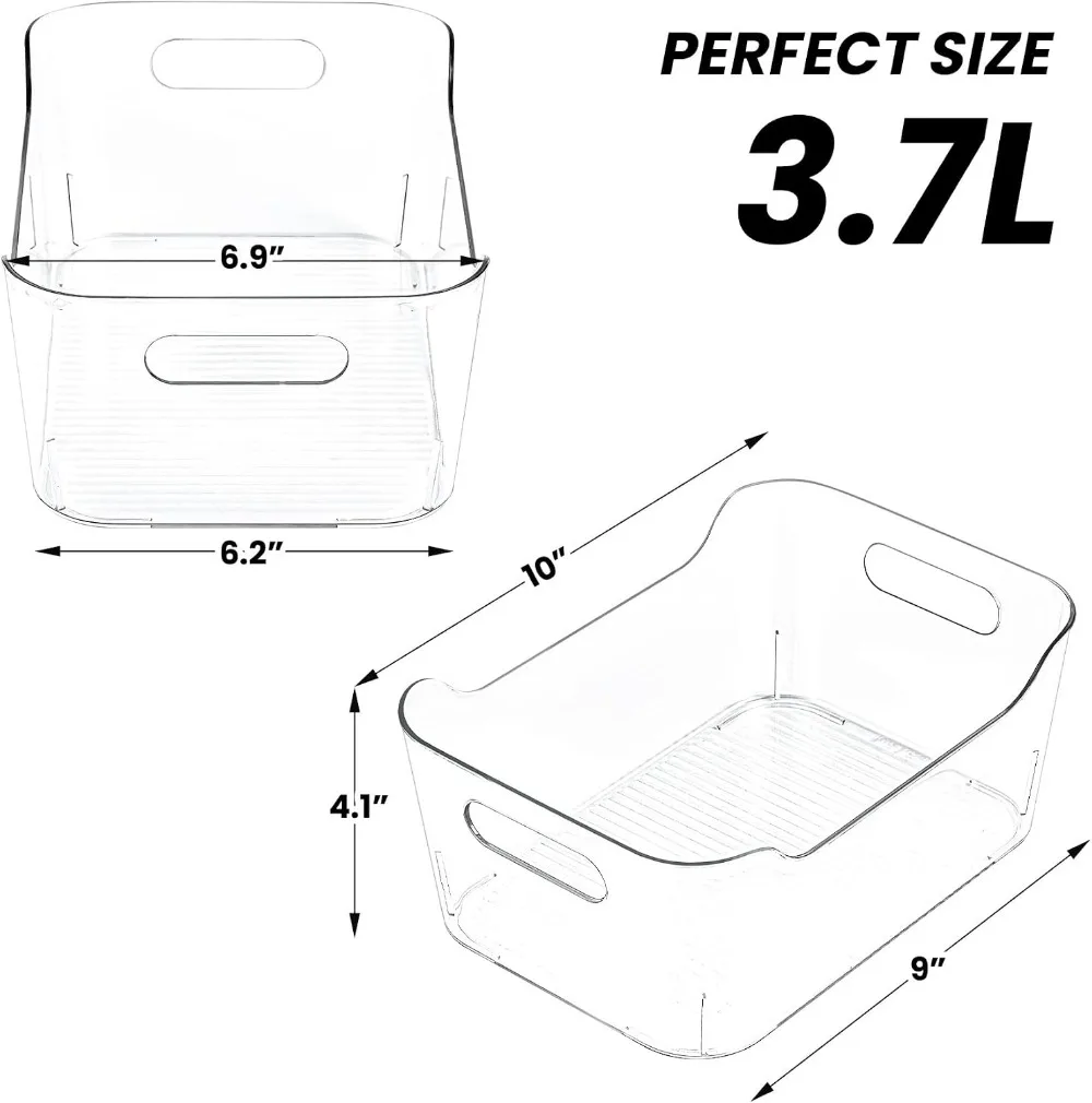 12 Pack Clear Plastic Storage Bins with Handles - Acrylic Organizer for Pantry, Cabinet, Fridge, Freezer, Kitchen, Bathroom, Closet