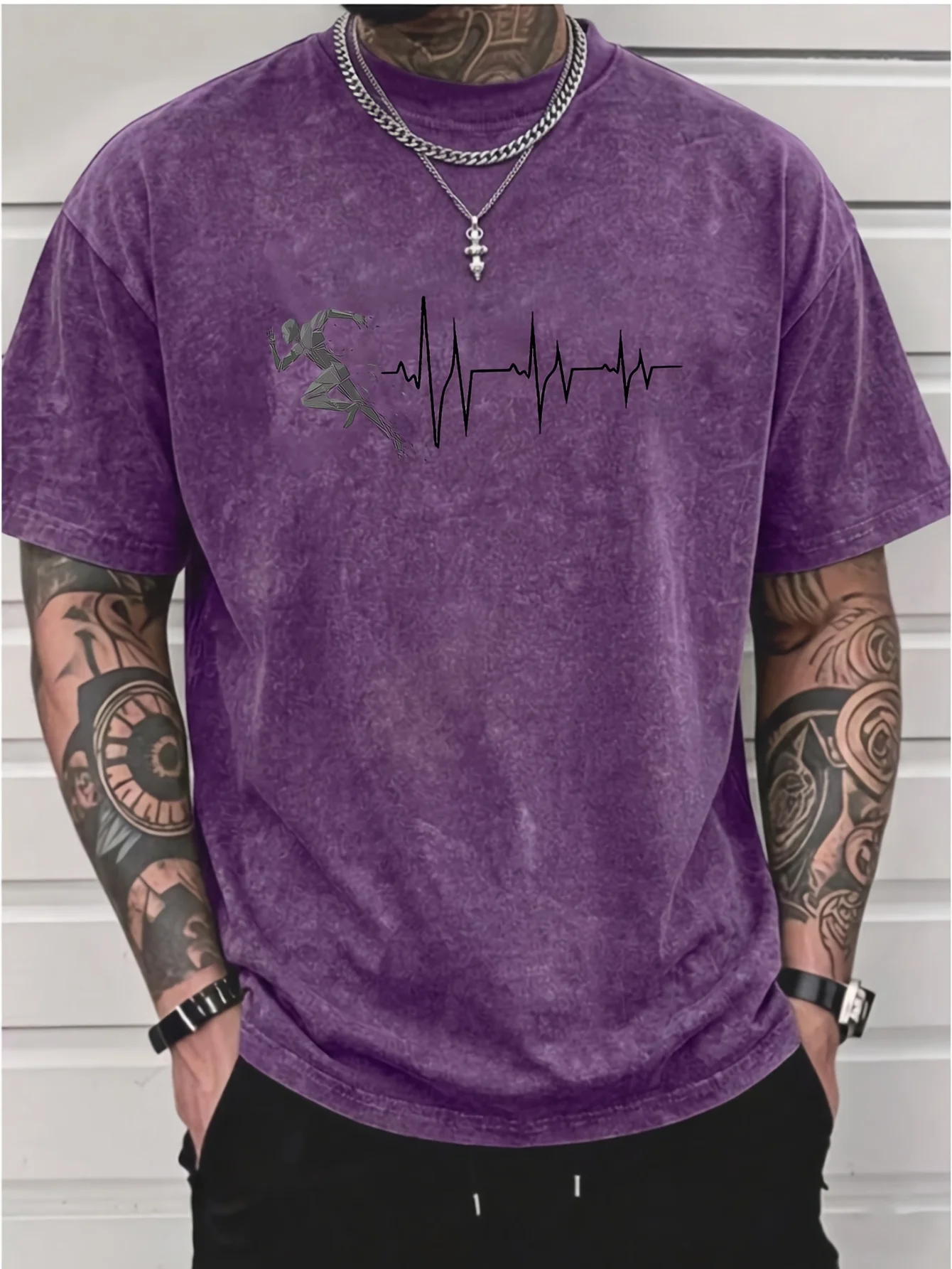 Men Vintage Washed Short Sleeve T Shirt Runner ECG Creative Print 100% Cotton Loose Breathable Casual Streetwear Summer S-3XL