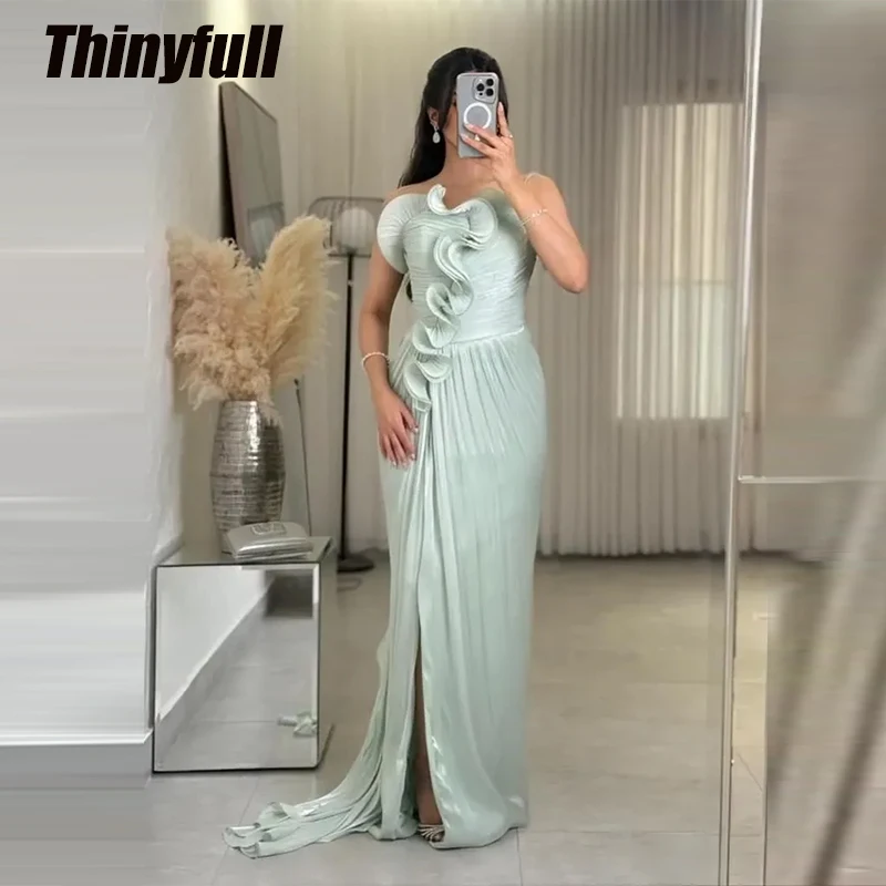 

Thinyfull Mermaid Shiny Satin Arab Prom Dresses Sleeveless Split Evening Gown Long Formal Dress robes de soirée Customized
