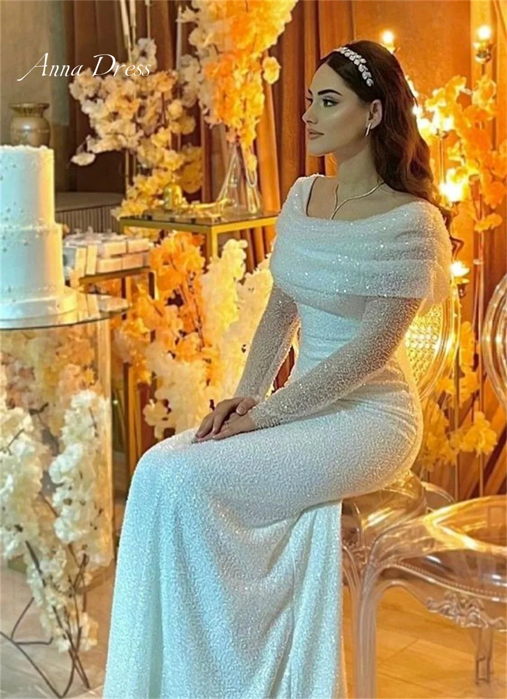 Anna Cocktail Dress Women Elegant Luxury High Quality White Luxury Evening Dresses 2024 Shiny Long Sleeves Fish Tail Jancember