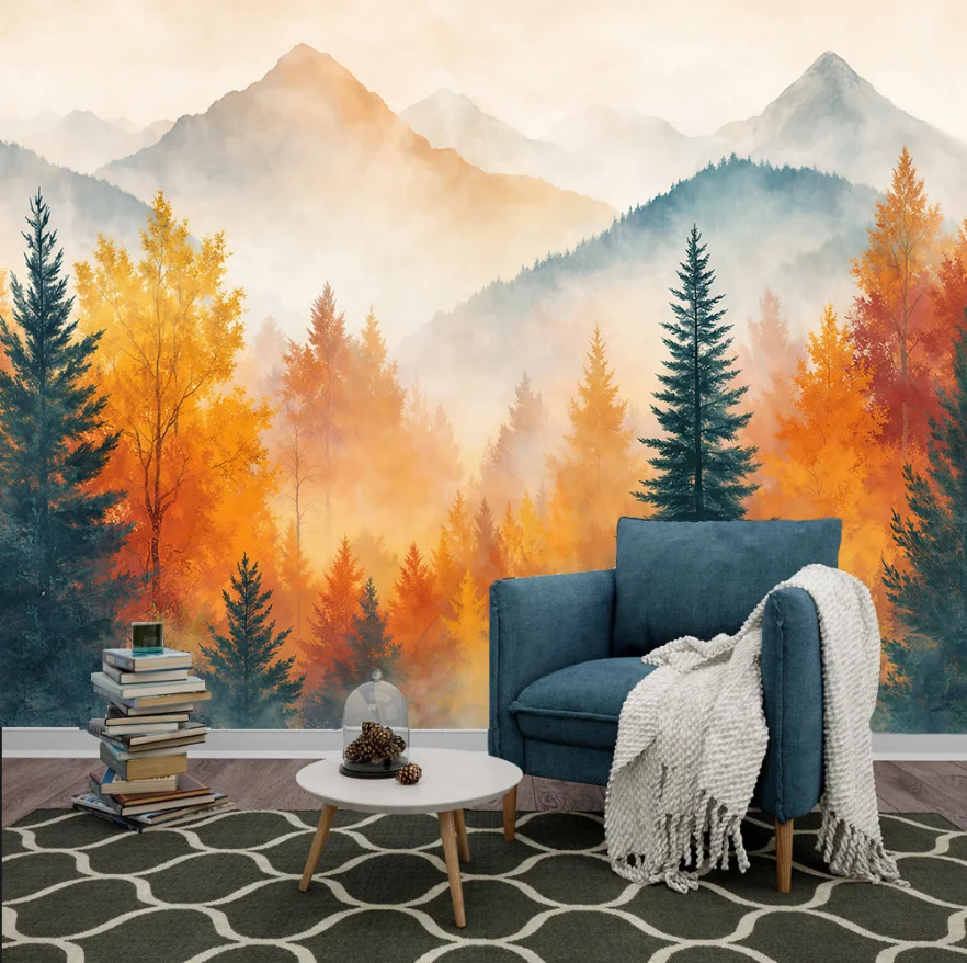 

Customized Size Mist Forest Mountain Blue Landscape Wallpaper Cedar Tree Forest Wall Art Mural Black and White Forest wallpaper
