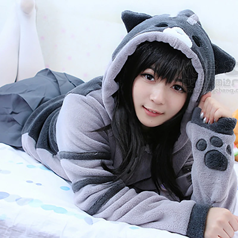 Hot Sale 2024 Kawaii Cosplay Costume Cute Cat Thicken Tops Hoodies Flannel Gray Hooded Sweatershirts Winter Coat Jacket