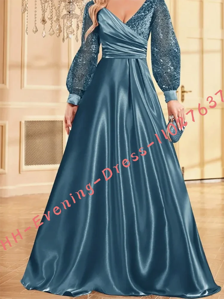 ClassicV-cuello plisado rebordear manga linterna A-Line vestidos de noche formales fiesta de cumpleaños vestidos de graduación personalizados