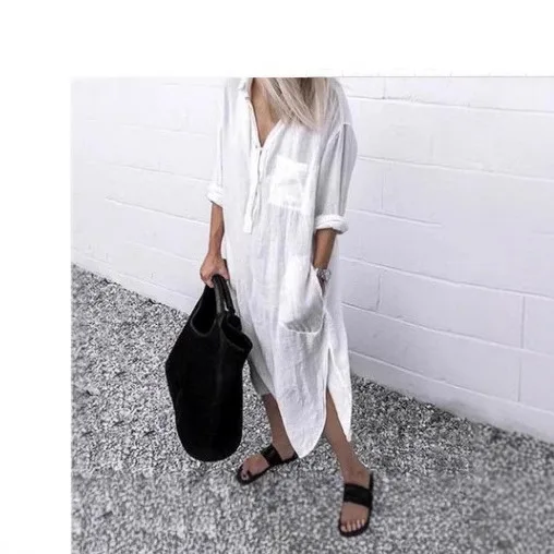 Verão e outono elegante cor sólida vestido de fenda simples botão de unhas vestido de camisa longa local