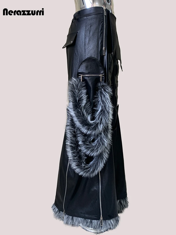 Nerazzurri الخريف كول فضفاض فو الفراء المرقعة بولي Leather الجلود واسعة الساق السراويل البضائع الرجال الفاخرة مصمم الأوروبي ايمو الشارع الشهير 2025