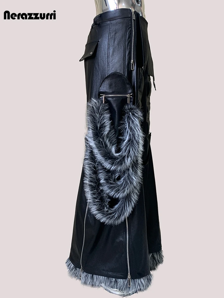 Nerazzurri Autumn Cool Baggy Faux Fur Patchwork Pu Leather Wide