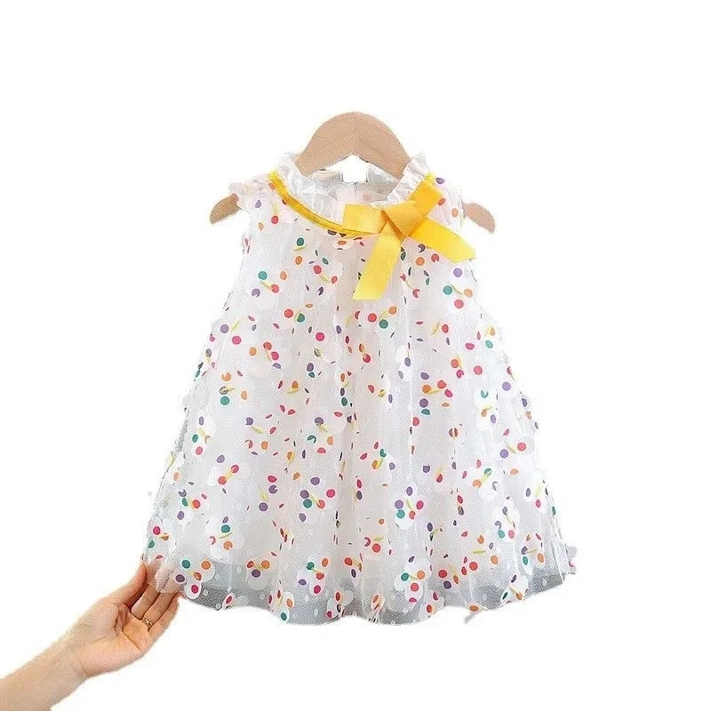 Girls' Dress Summer Fairy Fashionable Street Beautiful Vest Pengpeng Princess Sleeveless Polka Dot Polyester Standing Neck Kids