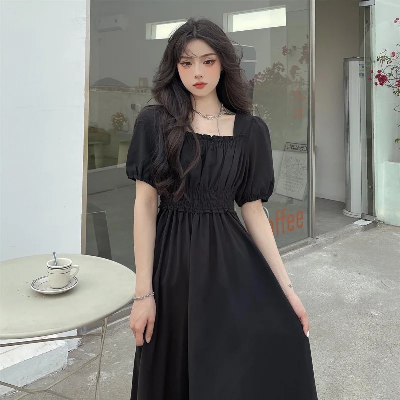 

Tea Break First Love Dress 2023 Hot Summer Hepburn Style French style Retro Square Collar Black Dress Waist Hugging Long dress