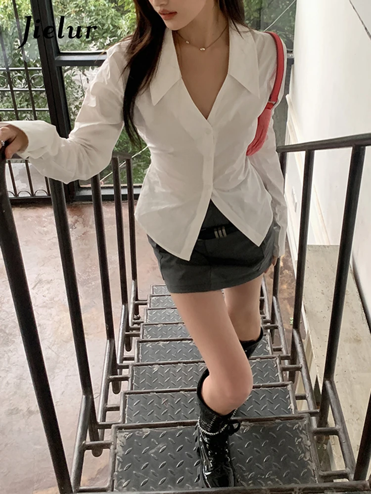 Jielur Spring Summer New Sexy Slim Women Shirt Solid Color Casual Fashion Loose Shirt Female White Basic Simple Shirt Woman