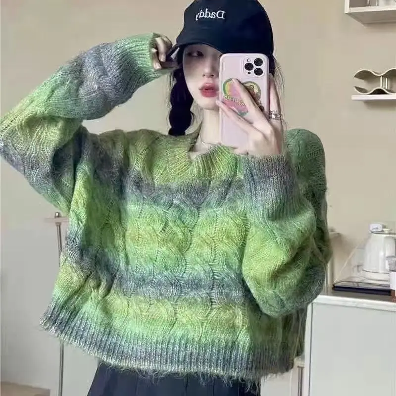 Gradual Sweater Vintage Knitting Long Sleeve Casual Green Striped Pullovers 2024 Winter Round Neck Ladies Loose Female Sweater