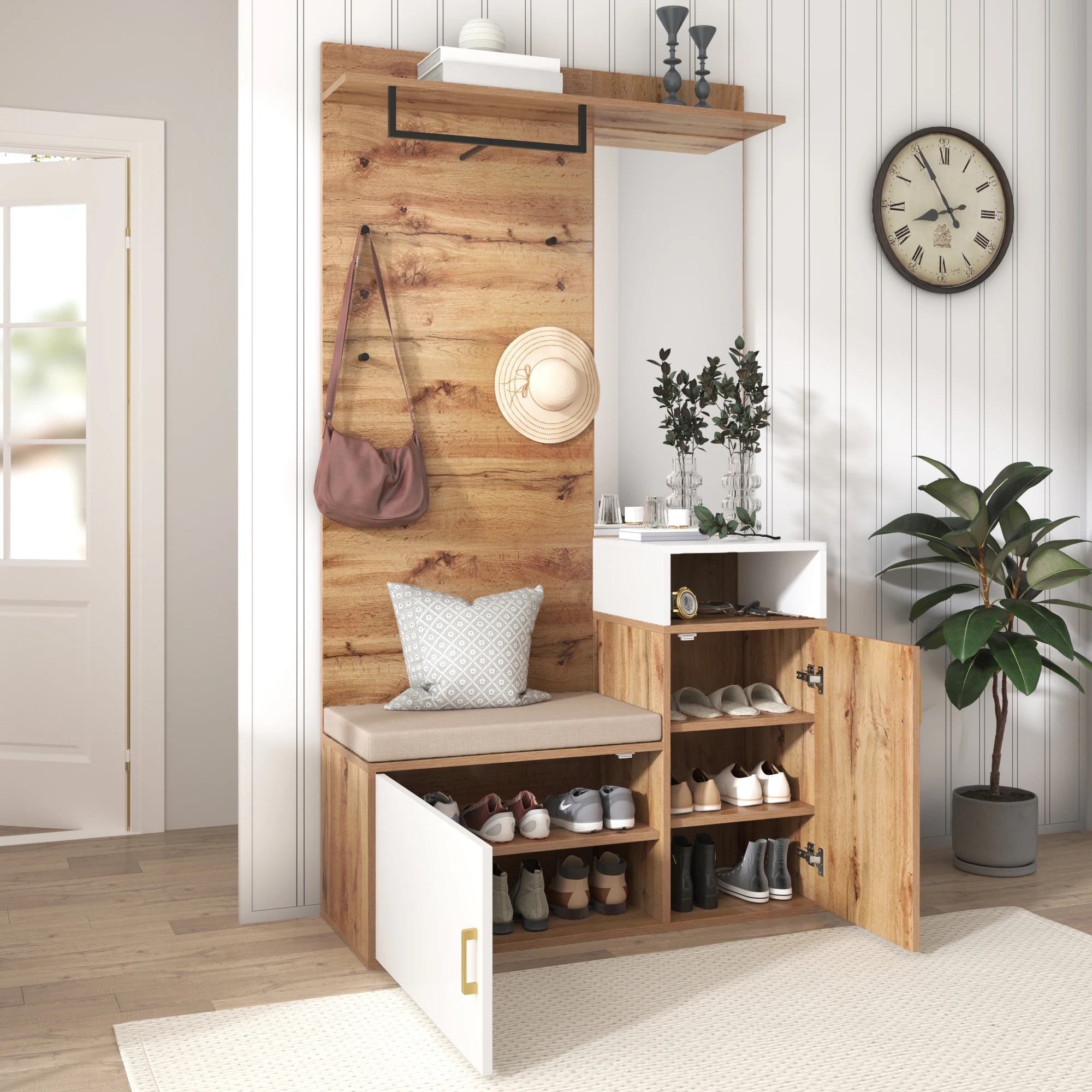 Kast met spiegel en schoenenbank, Patère, modern design, stabiel, wit en naturel