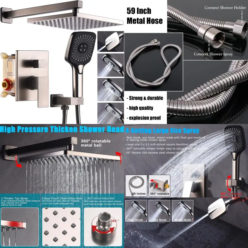 

10 Inch Overhead Shower System with 4-Setting Handheld Spray, Rough-In Pressure Balance Valve, and Wall Mount Trim Kit for Balan