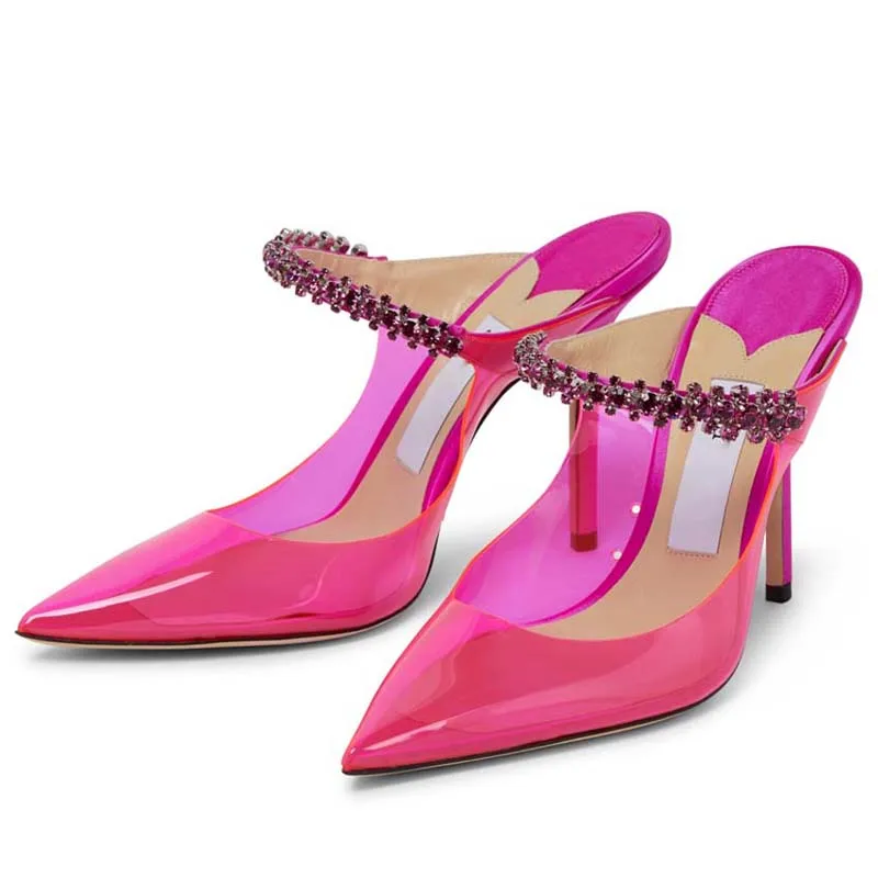 Women Transparent Pvc Sandals with Crystals Female Sexy Pointed Toe Stilettos Pump Sandals Candy Color Summer Shoes