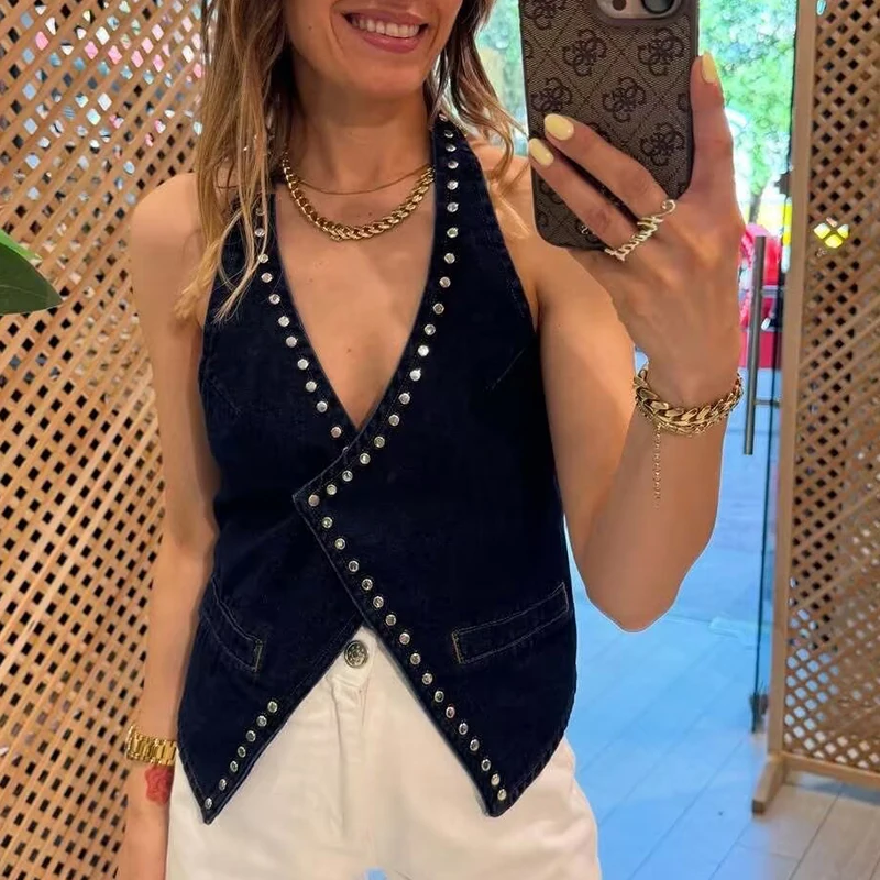 

New Fashion Women Sexy Backless Rivet Decoration Streetwear Denim Halter Tops