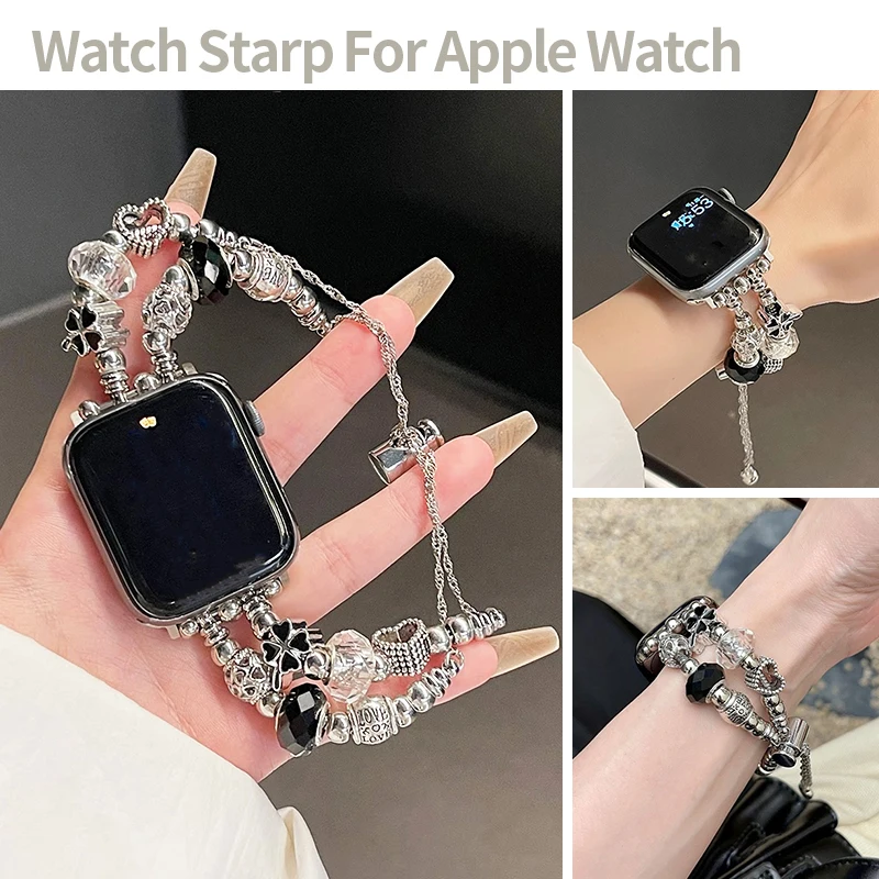 Gothic Beaded Strap for Apple Watch 11 10 9 8 7 6 Black Crystal Bracelet for IWatch 40 41 42 44 45 46 49mm Ladies Wristband Band