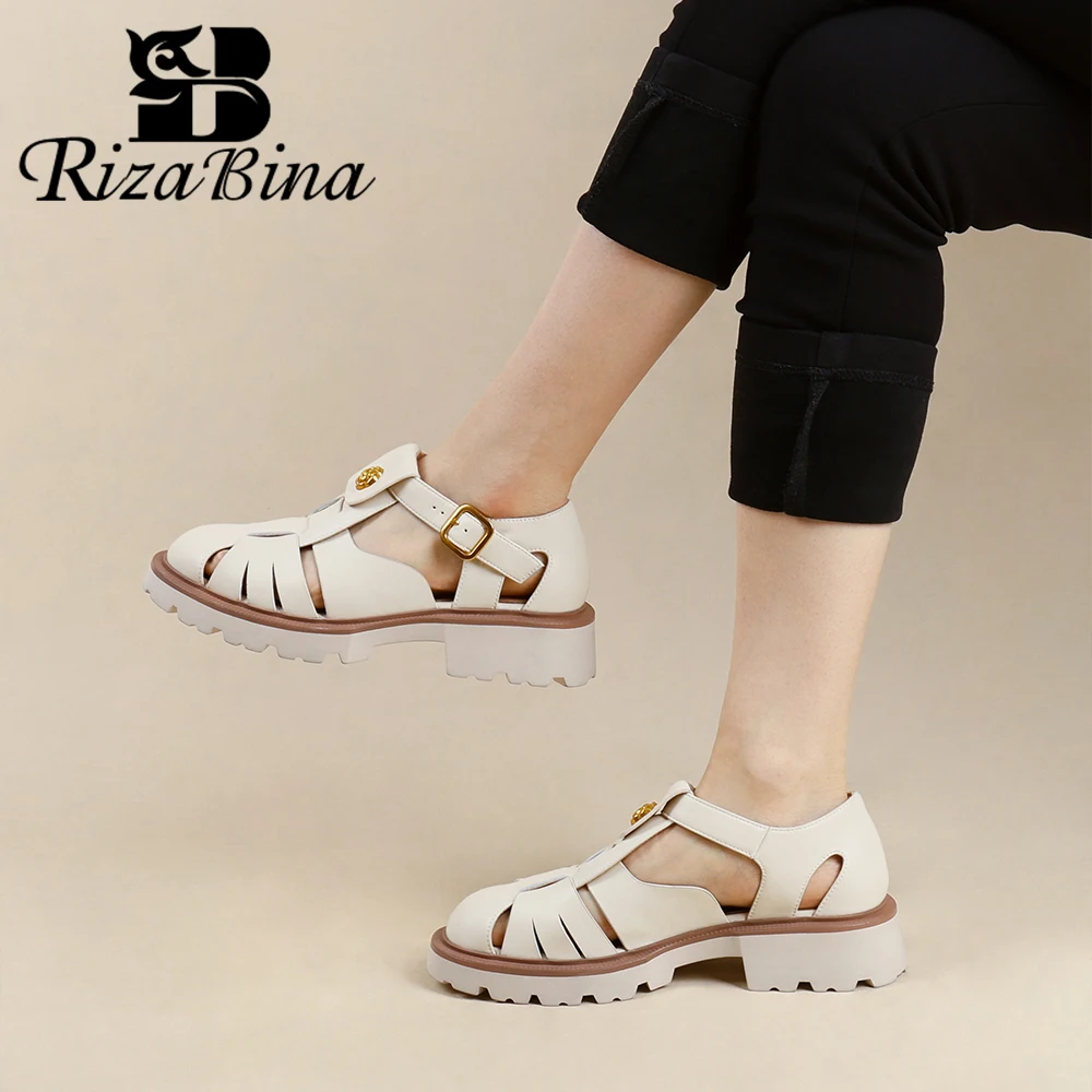 

RIZABINA Women Sandals Real Leather Roman Hollow Weave Flats Sandals Ladies Cover Toe Buckle Strap Summer Casual Shoes Handmade