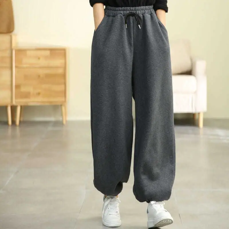 Elastic Waist Solid Lacing Harem Pants Spring Autumn New All-match Loose Plus Size Casual Pants Vintage Fashion Women Clothing