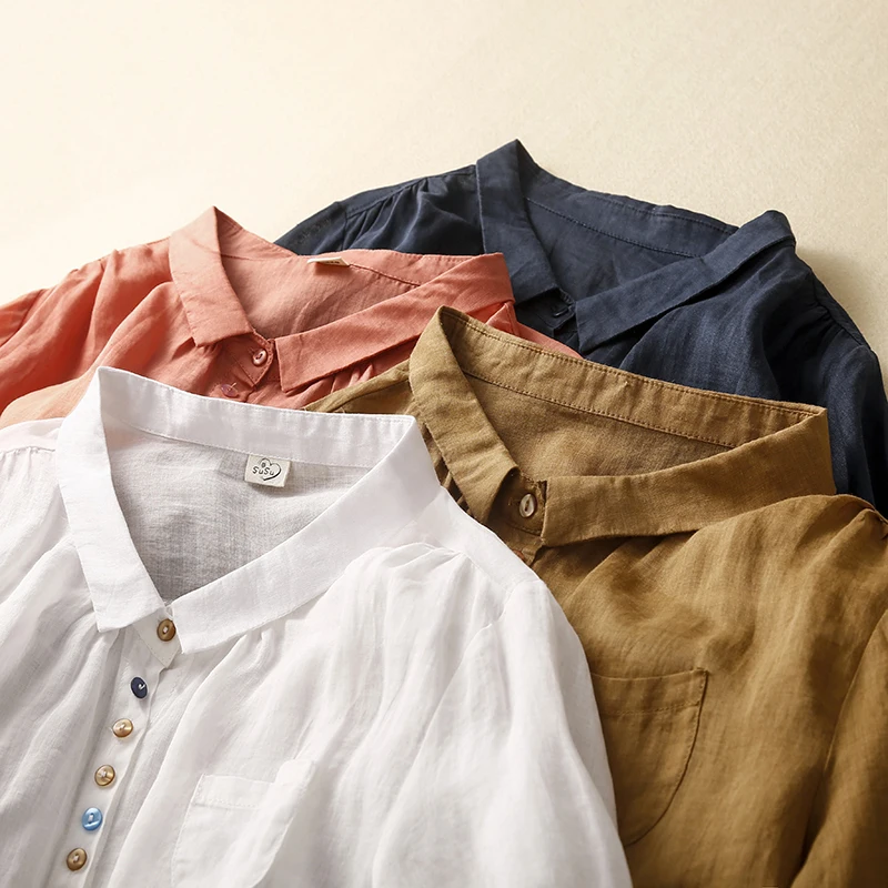 

Summer Vintage Buttoned Linen irt Women's Collar Top Artistic Loose Fit ort Sve Pure Color Commute Sle
