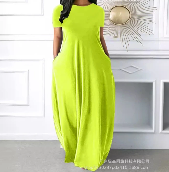 

Sexy Elegant Dresses for Women Solid Color Short Sleeved Round Neck Pocket Dress New Fashion 2024 Summer Casual