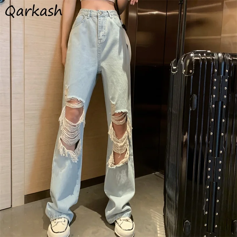 

Jeans Women Wide Leg Ripped Vintage Loose Solid High Waist Street Wear Retro Chic Casual All-match Trouser Ins Harajuku