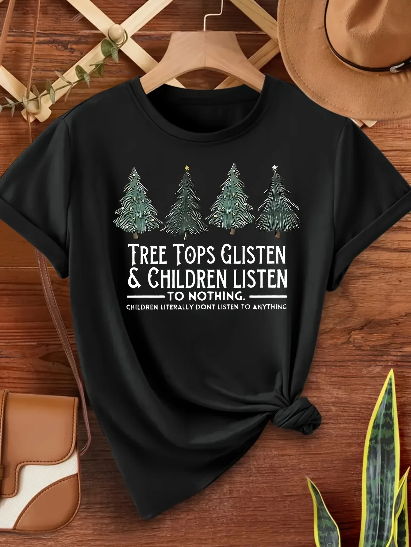 شجرة عيد الميلاد الإنجليزية رسالة عارضة المرأة جولة الرقبة تي شيرت