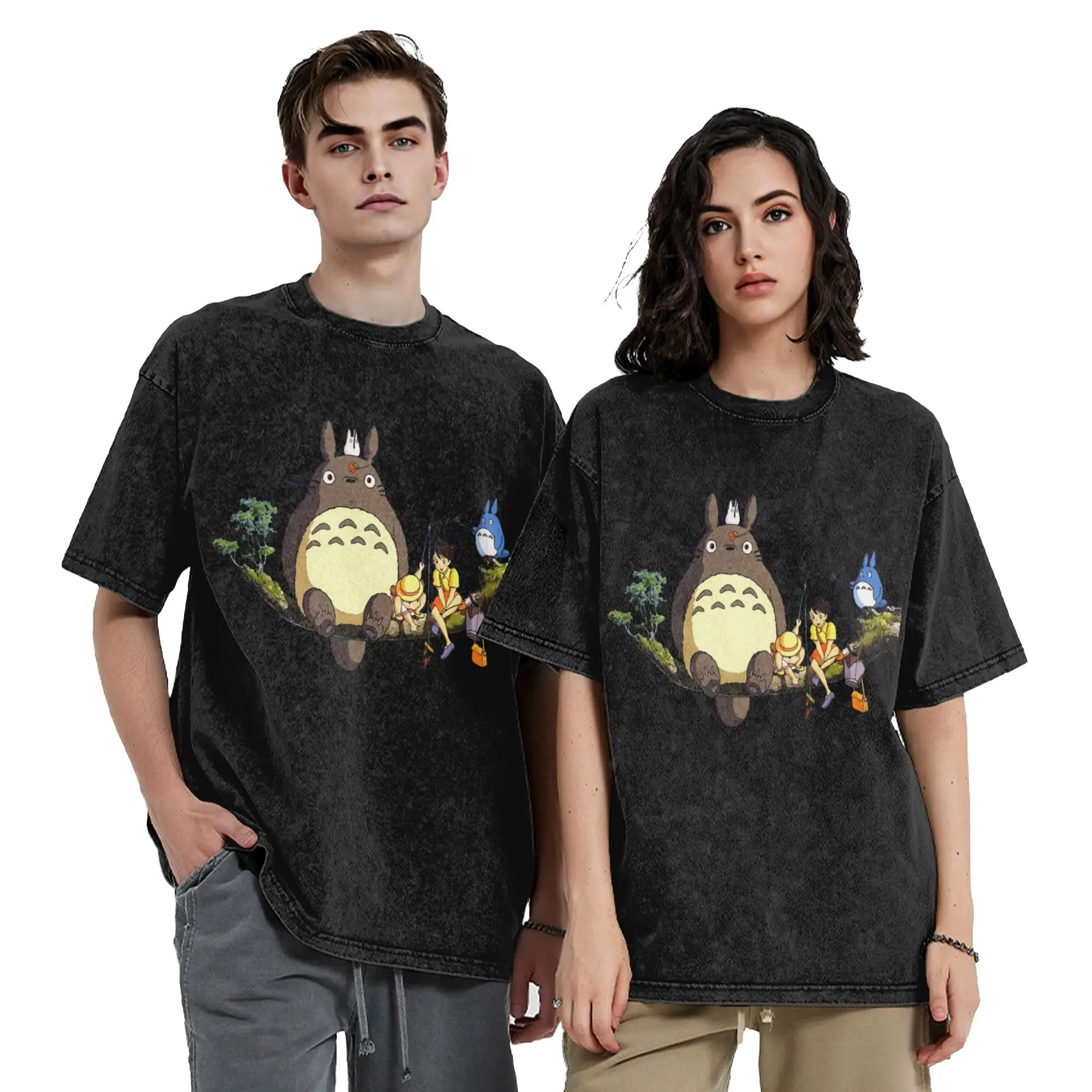 Totoro-Miyazaki Anime T Shirts Hip Hop Washed 100% Cotton Harajuku T-Shirts  Retro Men Women Tops Streetwear Summer Tee Shirt