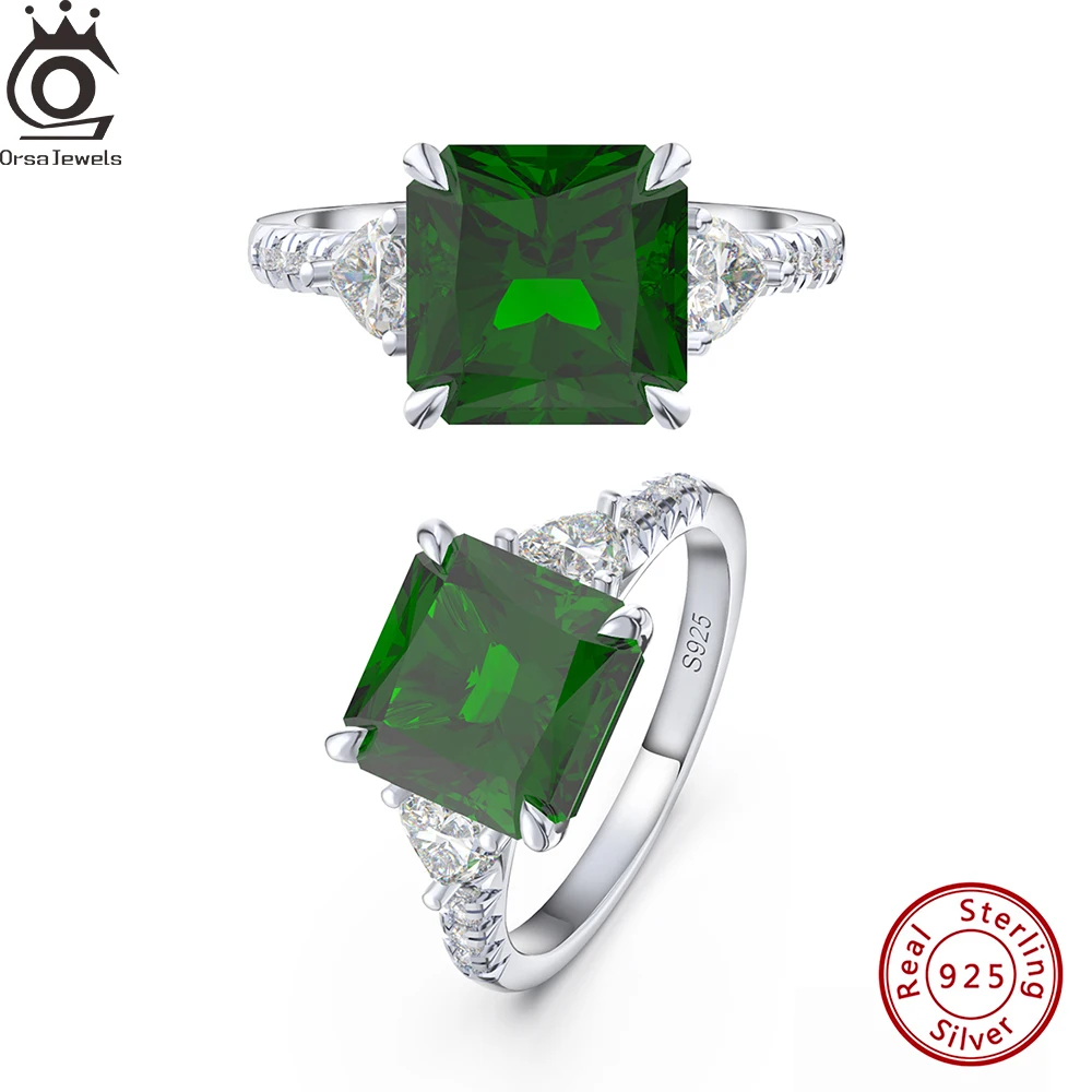 

ORSA JEWELS Luxury Created Emerald Rings 925 Sterling Silver Charm Square Gemstone Solitaire Ring with Shiny Cubic Zircon LZR11