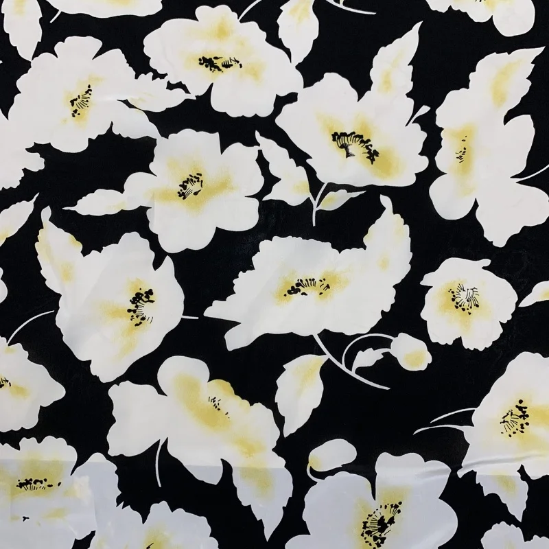 

1 meter 100% Mulberry Silk 19 momme Twill Silk Fabric Black with Big Floral Printed 114cm 44" wide by the yard JX055